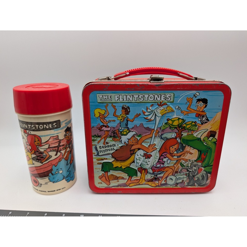 Aladdin‎ The Flintstones Lunch Box Red Bedrock Pebbles Bam Metal Thermos 1971